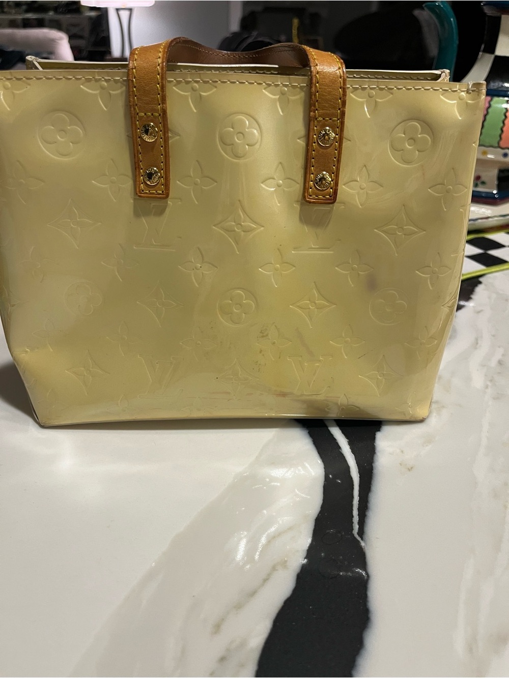 LV Reade PM Vernis Light Yellow/Cream Monogram Tote with Tan Handl